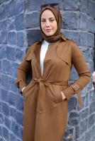 Tesettür giyim TABA KEMERLİ SÜET TRENÇKOT T 5627