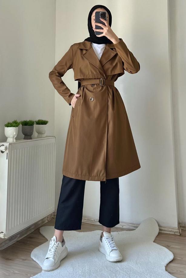 Vêtements hijab BRUN TRENCH CEINTURE CEINTURE T 7395 - TRENDTESETTÜR