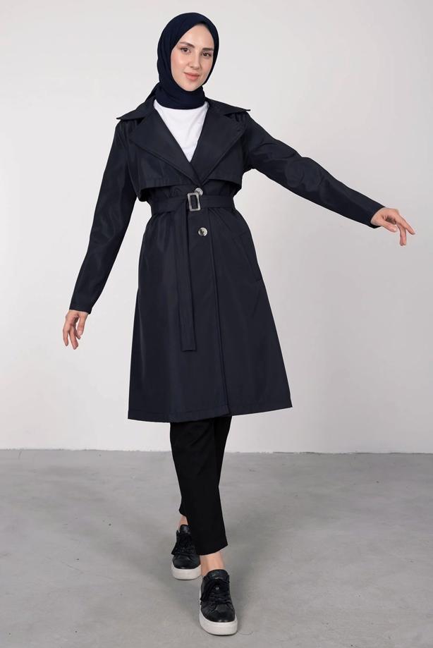 Tesettür giyim  KRUVAZE YAKA KEMERLİ TRENÇKOT T 7395 - TRENDTESETTÜR