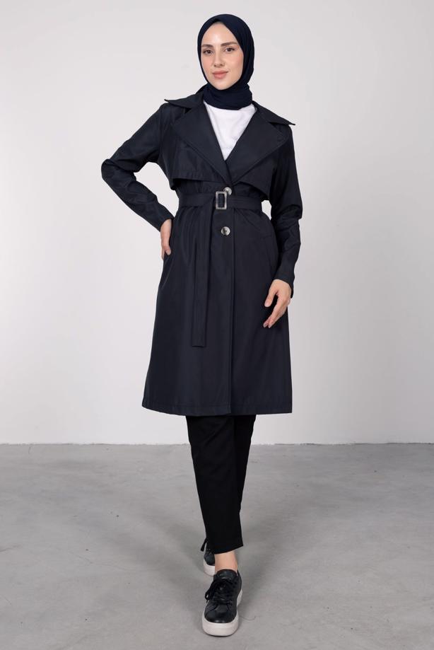 Tesettür giyim  KRUVAZE YAKA KEMERLİ TRENÇKOT T 7395 - TRENDTESETTÜR