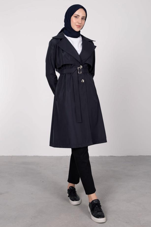 Tesettür giyim  KRUVAZE YAKA KEMERLİ TRENÇKOT T 7395 - TRENDTESETTÜR