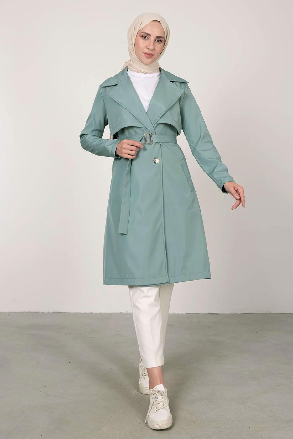 Tesettür giyim YEŞİL KRUVAZE YAKA KEMERLİ TRENÇKOT T 7395