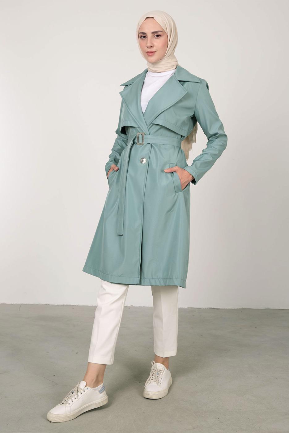 Tesettür giyim YEŞİL KRUVAZE YAKA KEMERLİ TRENÇKOT T 7395