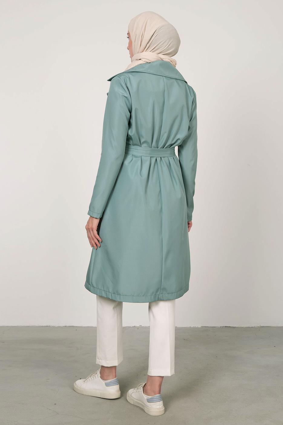 Tesettür giyim YEŞİL KRUVAZE YAKA KEMERLİ TRENÇKOT T 7395