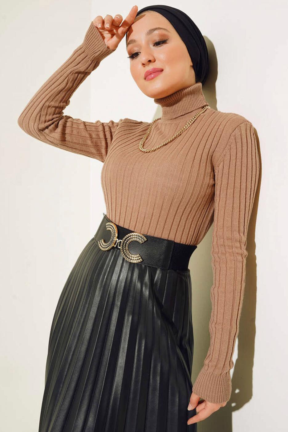 Tesettür giyim KAHVE BALIKÇI YAKA TRİKO BODY T 0485
