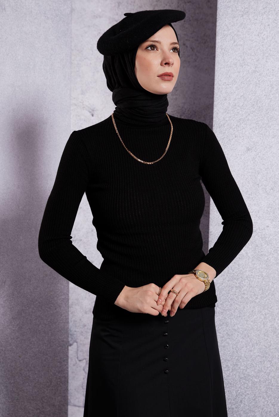 Tesettür giyim SİYAH BOĞAZLI TRİKO KAZAK T 6408