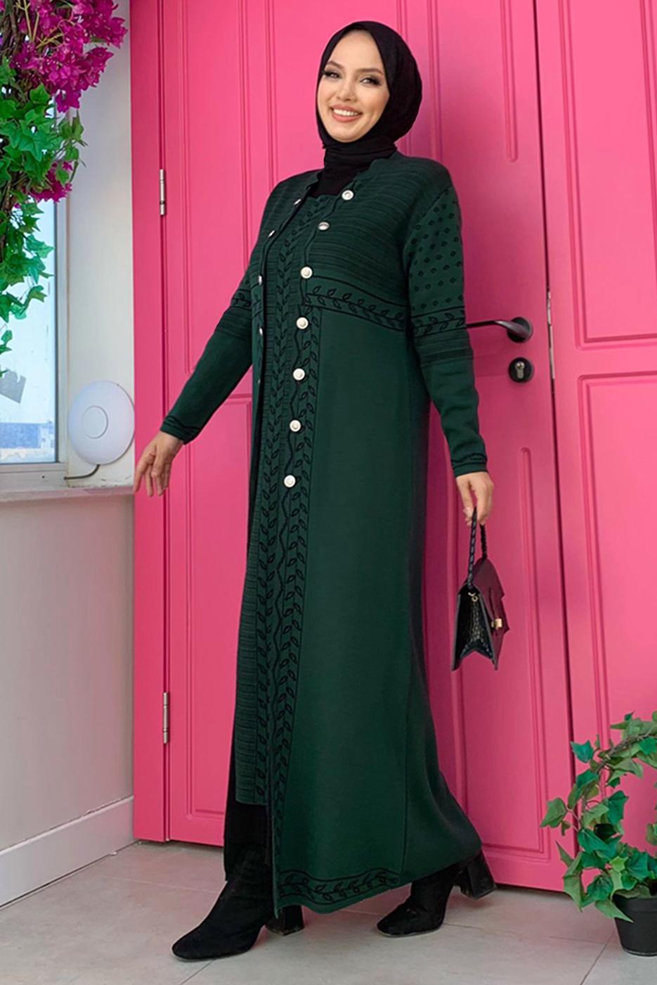 Tesettür giyim YEŞİL DESENLİ TRİKO CEKET T 70332