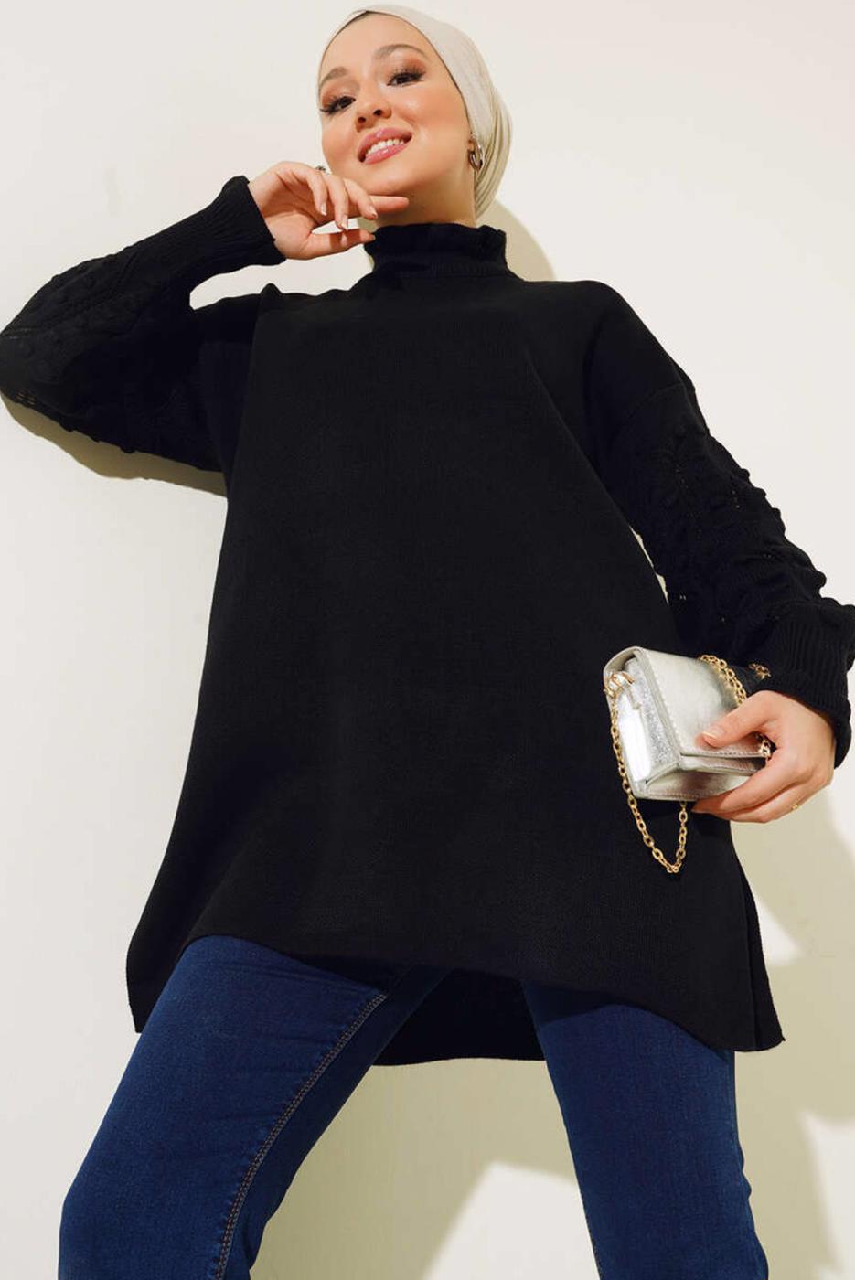 Tesettür giyim SİYAH FIRFIR DETAYLI TRİKO KAZAK T 8003