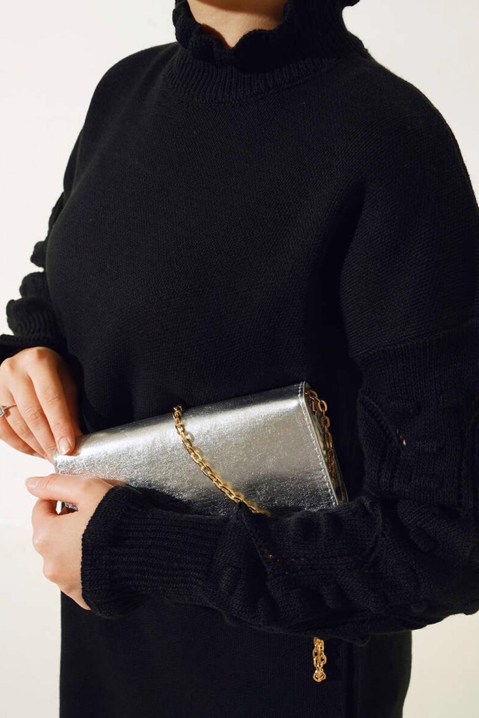 Tesettür giyim SİYAH FIRFIR DETAYLI TRİKO KAZAK T 8003