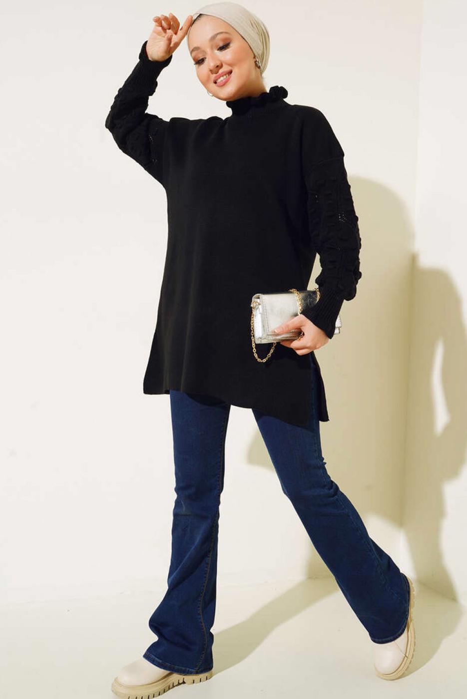 Tesettür giyim SİYAH FIRFIR DETAYLI TRİKO KAZAK T 8003