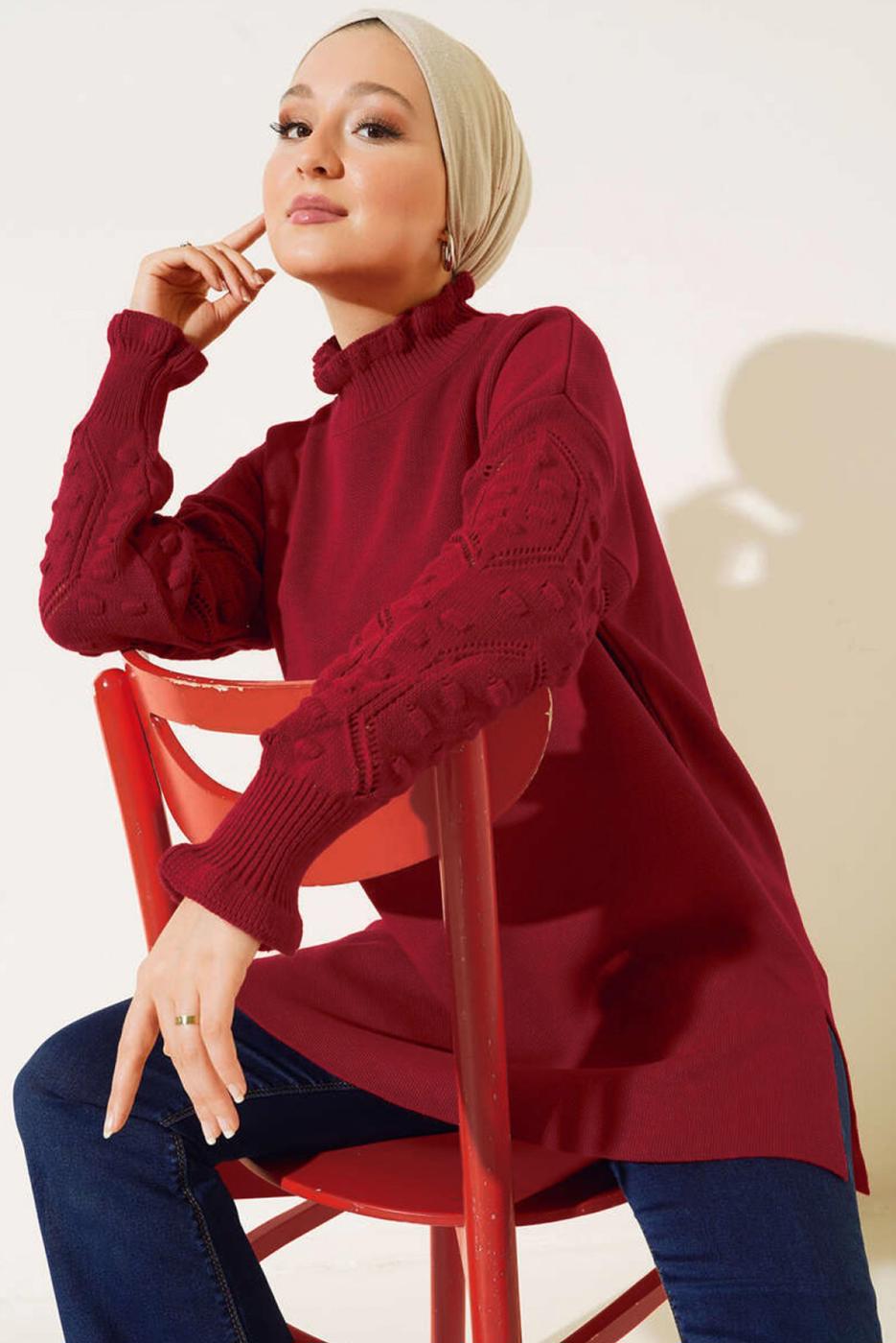 Tesettür giyim BORDO FIRFIR DETAYLI TRİKO KAZAK T 8003