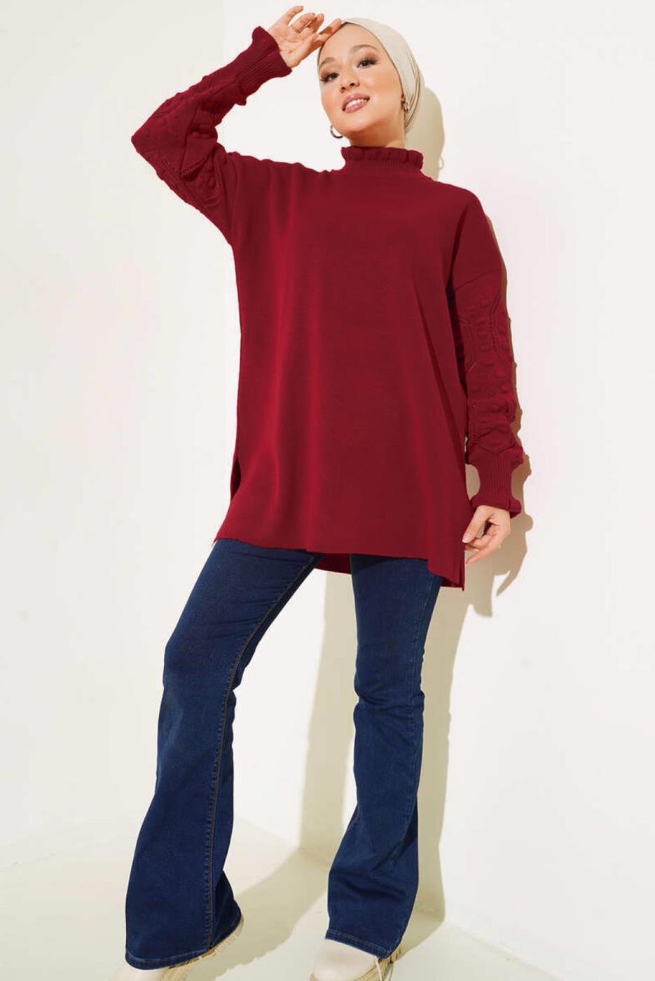 Tesettür giyim BORDO FIRFIR DETAYLI TRİKO KAZAK T 8003