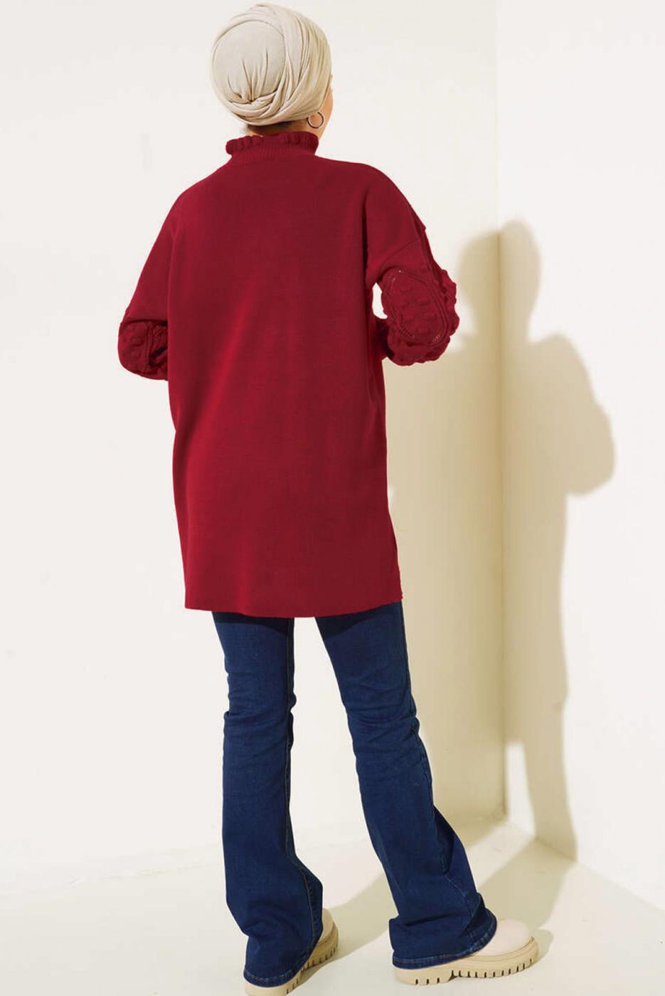 Tesettür giyim BORDO FIRFIR DETAYLI TRİKO KAZAK T 8003