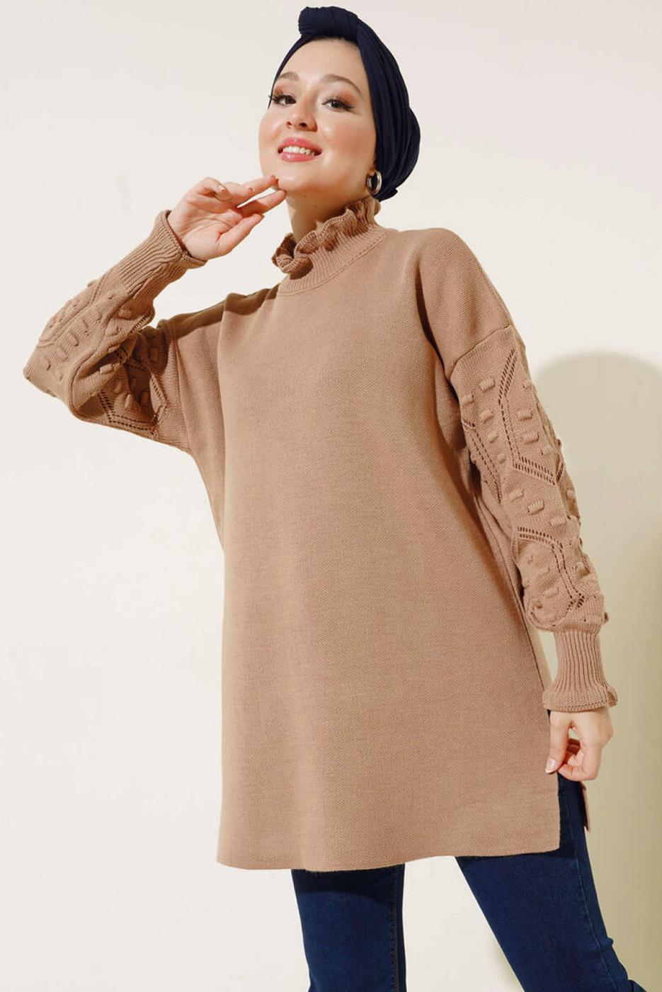Tesettür giyim KAHVE FIRFIR DETAYLI TRİKO KAZAK T 8003