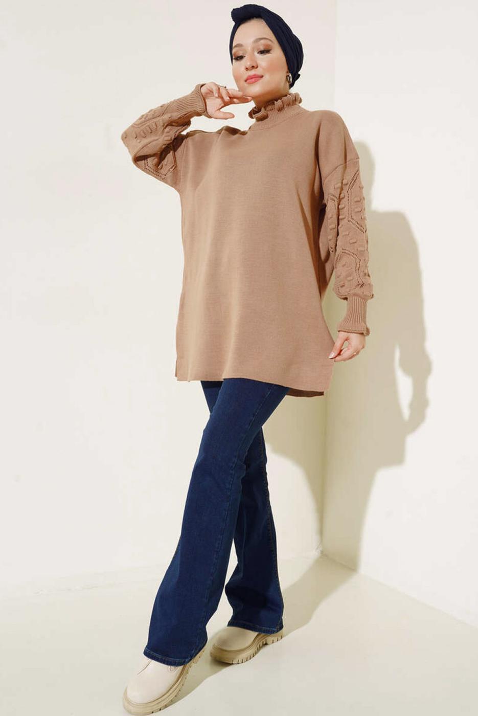 Tesettür giyim KAHVE FIRFIR DETAYLI TRİKO KAZAK T 8003