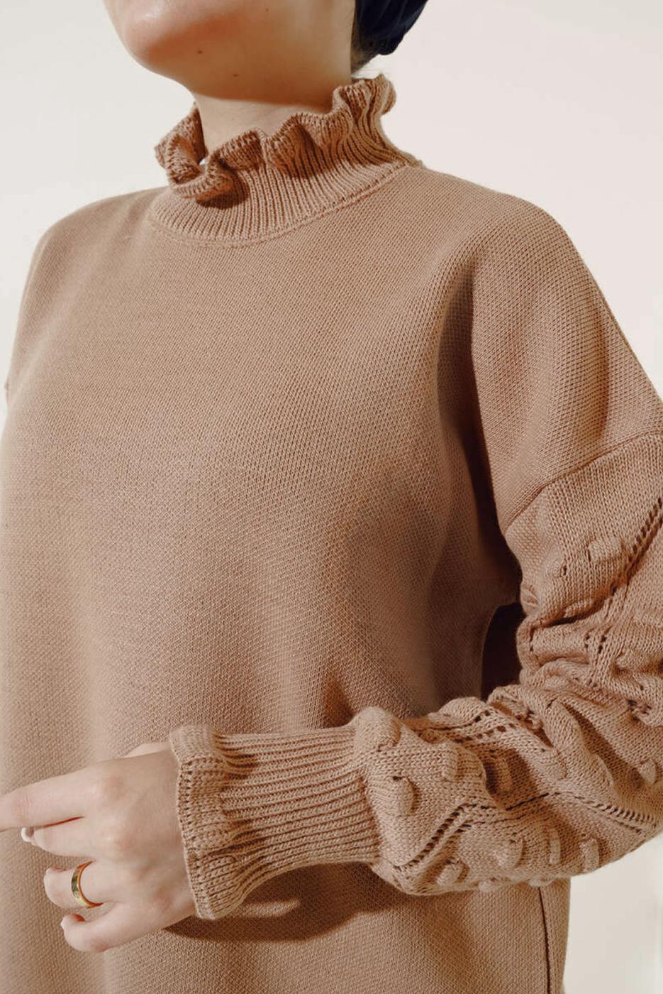 Tesettür giyim KAHVE FIRFIR DETAYLI TRİKO KAZAK T 8003