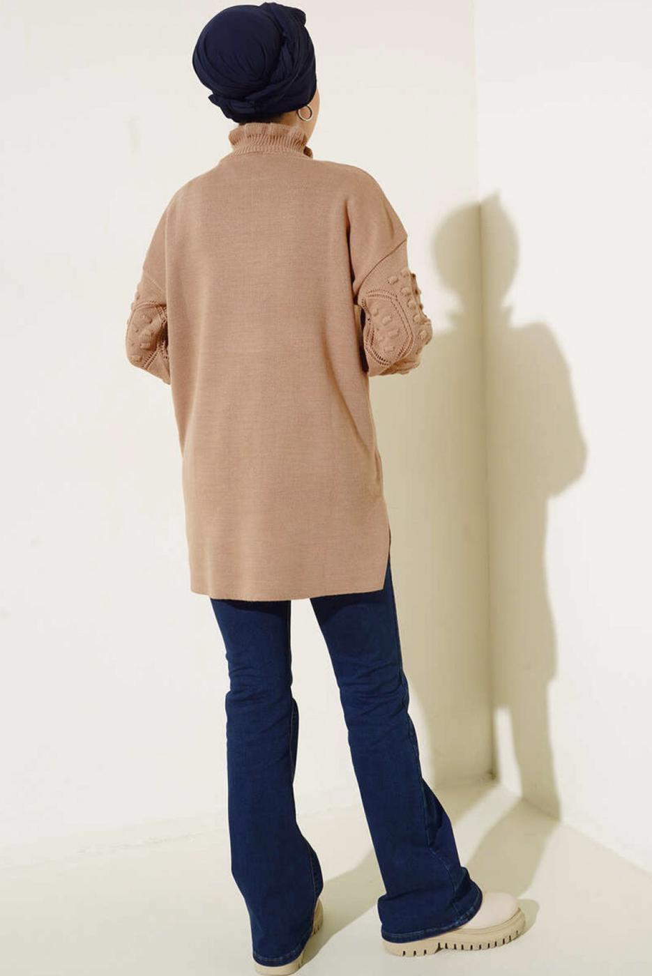 Tesettür giyim KAHVE FIRFIR DETAYLI TRİKO KAZAK T 8003