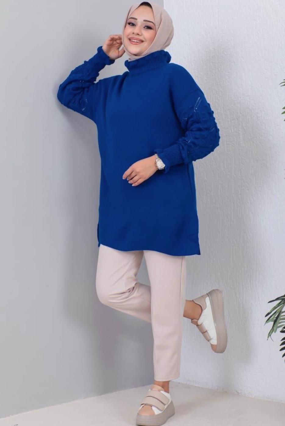 Tesettür giyim LACİVERT FIRFIR DETAYLI TRİKO KAZAK T 8003