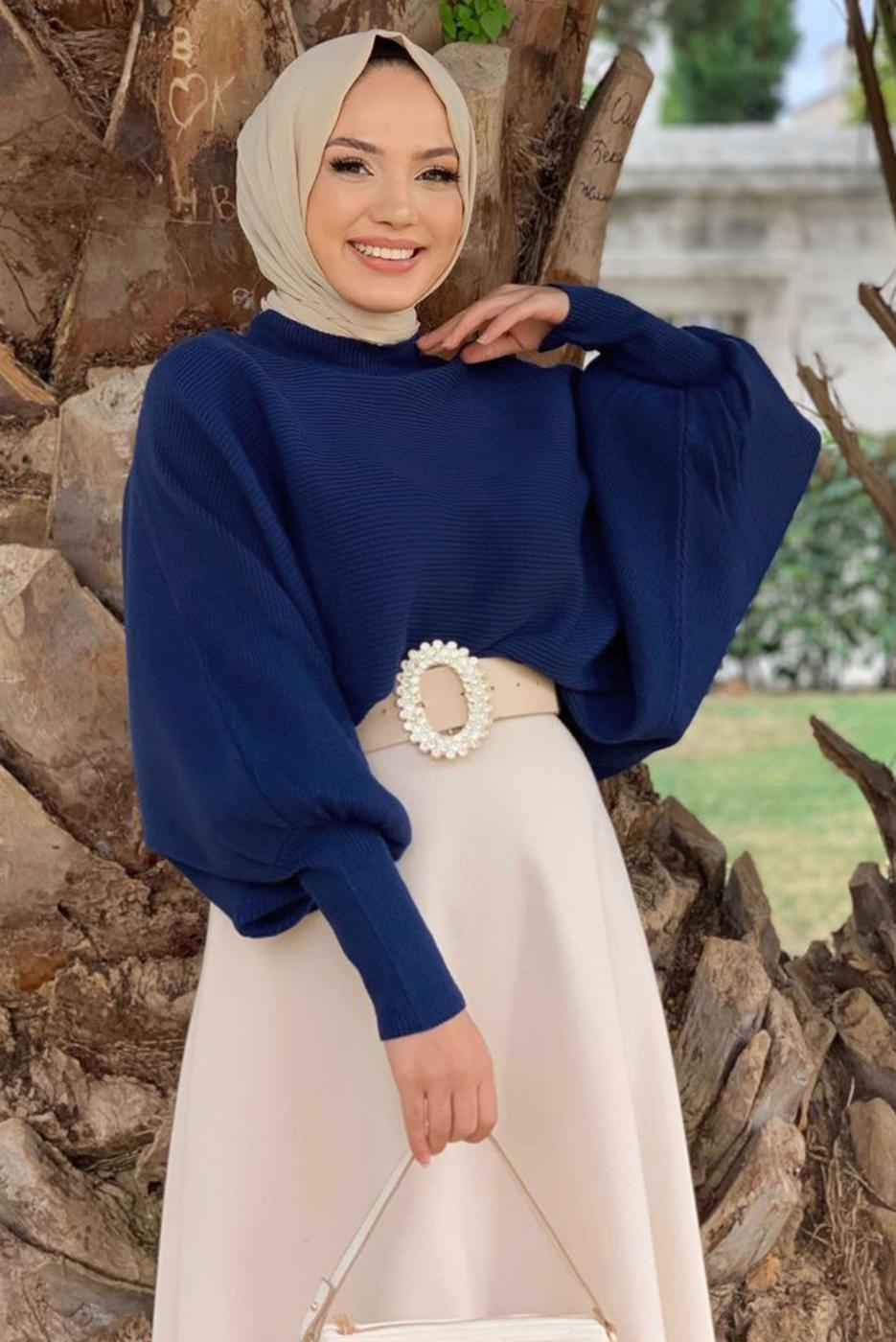 Tesettür giyim LACİVERT YARASA KOL TRİKO KAZAK T 8136