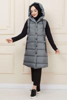 Tesettür giyim GRİ KAPÜŞONLU CEP DETAYLI ŞİŞME YELEK T 0221