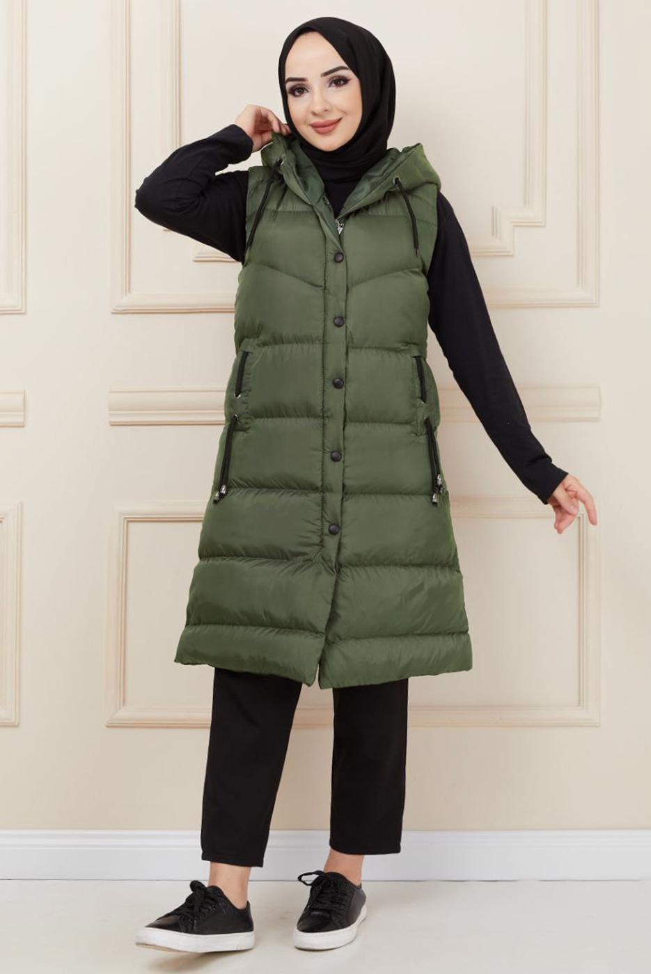 Tesettür giyim HAKİ KAPÜŞONLU CEP DETAYLI ŞİŞME YELEK T 0221