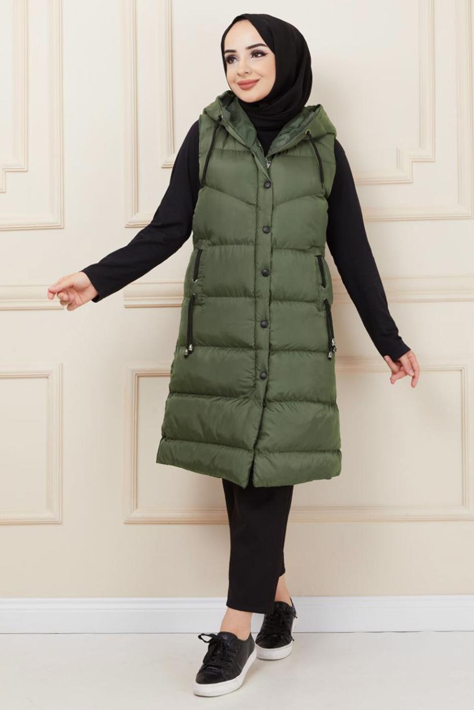 Tesettür giyim HAKİ KAPÜŞONLU CEP DETAYLI ŞİŞME YELEK T 0221