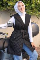 Tesettür giyim SİYAH KAPÜŞONLU KUŞAKLI KAPİTONE ŞİŞME YELEK T 0321-1