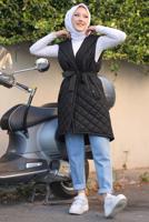 Tesettür giyim SİYAH KAPÜŞONLU KUŞAKLI KAPİTONE ŞİŞME YELEK T 0321-1