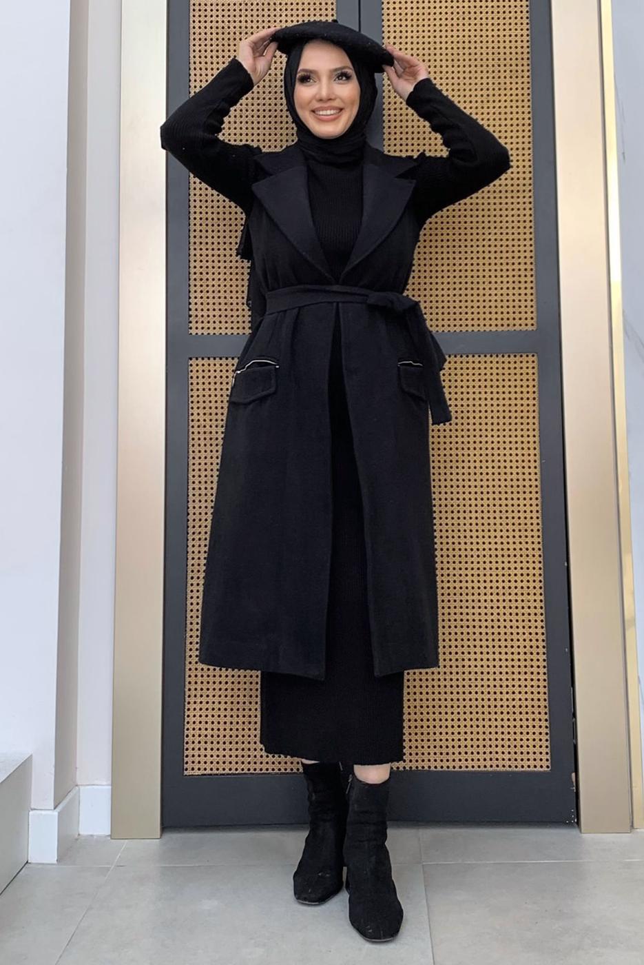 Tesettür giyim SİYAH KUŞAKLI KAŞE YELEK T 1277