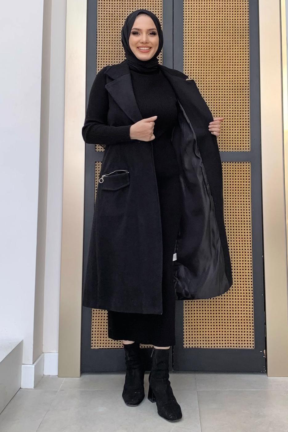 Tesettür giyim SİYAH KUŞAKLI KAŞE YELEK T 1277