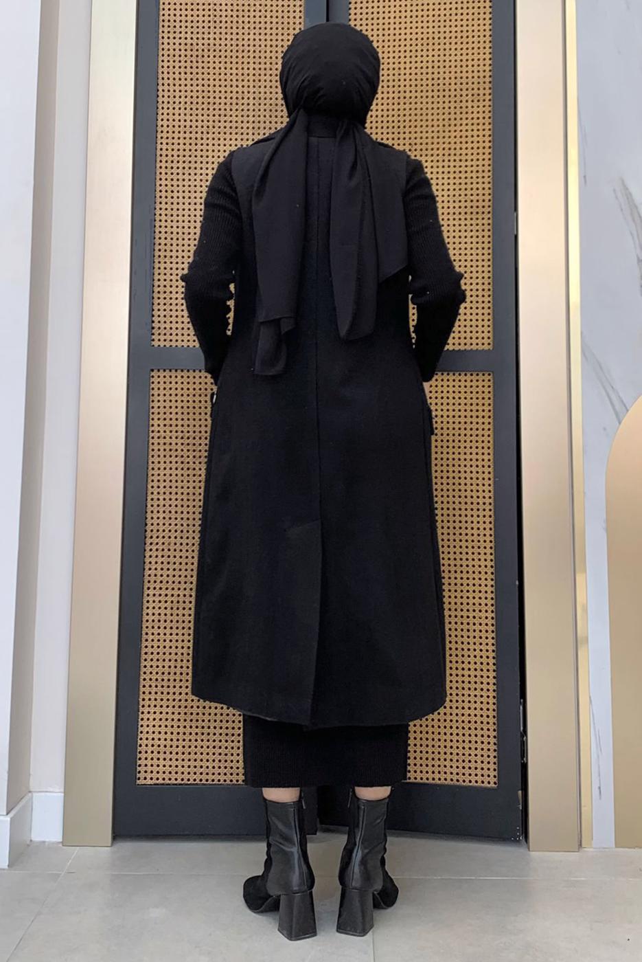 Tesettür giyim SİYAH KUŞAKLI KAŞE YELEK T 1277