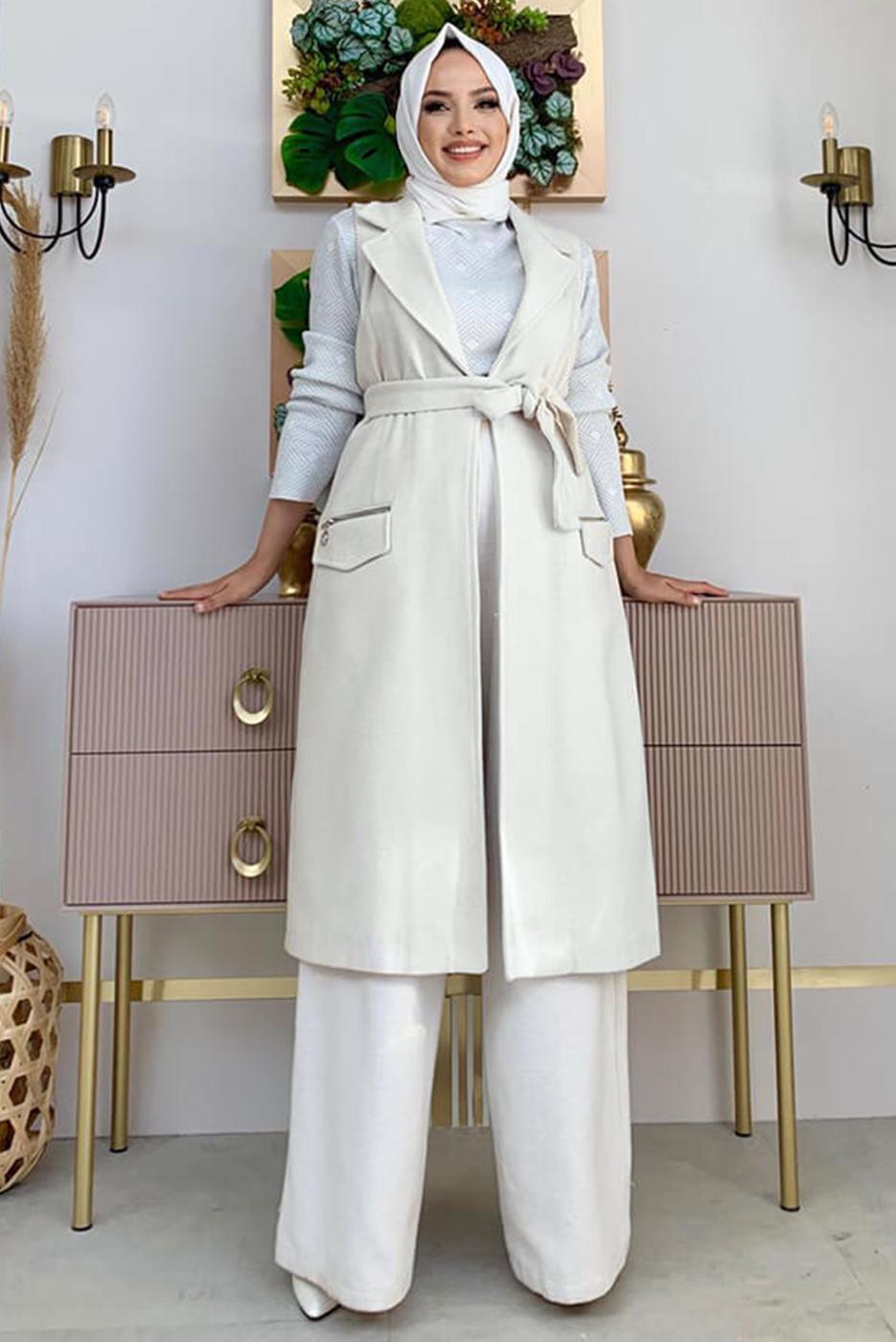 Vêtements hijab ÉCRU GILET CEINTURÉ TAMPON T 1277
