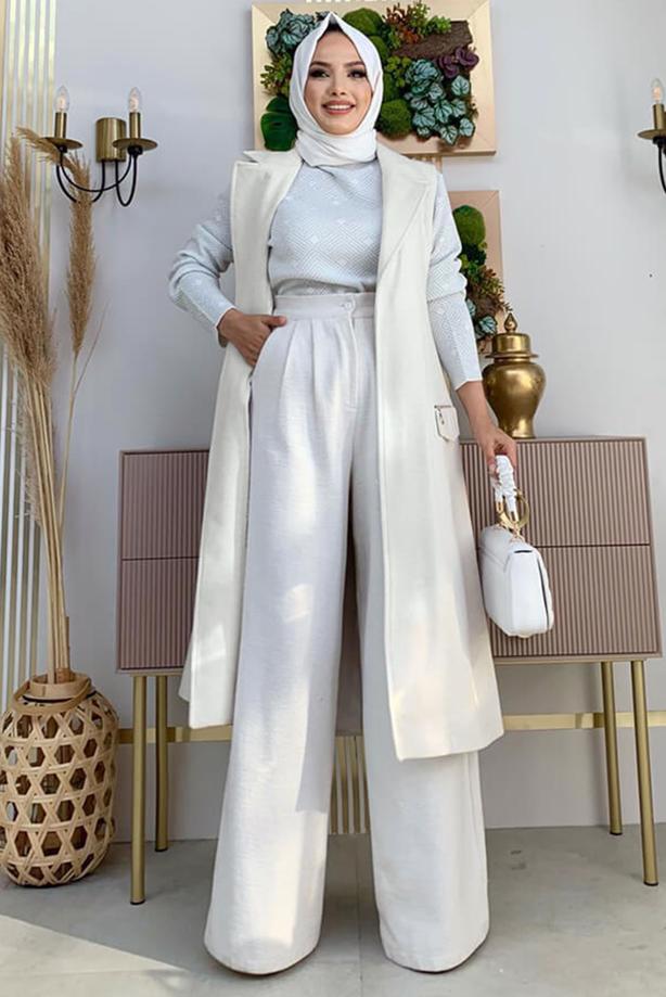 Tesettür giyim EKRU KUŞAKLI KAŞE YELEK T 1277 - TRENDTESETTÜR