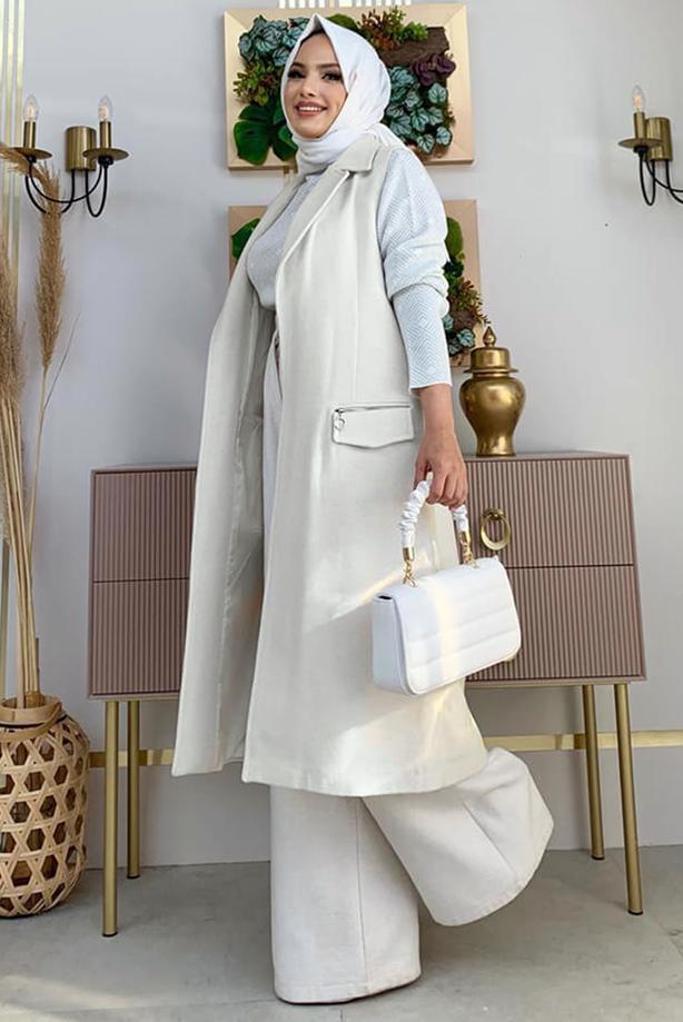 Tesettür giyim EKRU KUŞAKLI KAŞE YELEK T 1277 - TRENDTESETTÜR