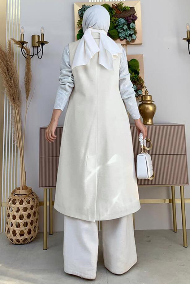 Tesettür giyim EKRU KUŞAKLI KAŞE YELEK T 1277 - TRENDTESETTÜR