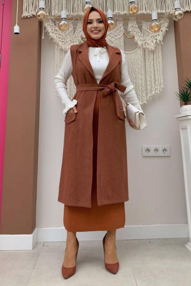 Tesettür giyim KAHVE KUŞAKLI KAŞE YELEK T 1277 - TRENDTESETTÜR