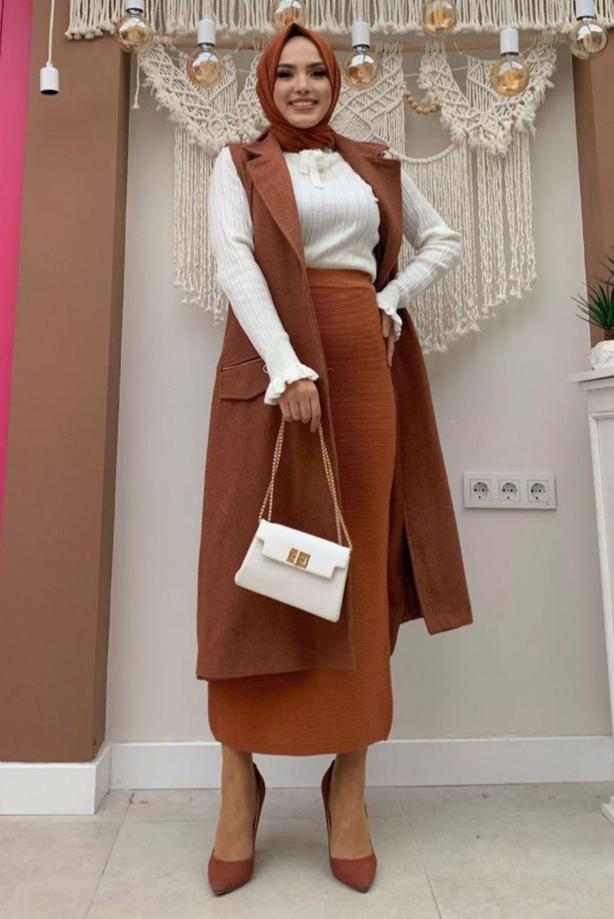 Tesettür giyim KAHVE KUŞAKLI KAŞE YELEK T 1277 - TRENDTESETTÜR