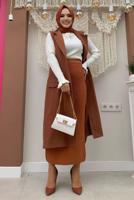 Tesettür giyim KAHVE KUŞAKLI KAŞE YELEK T 1277