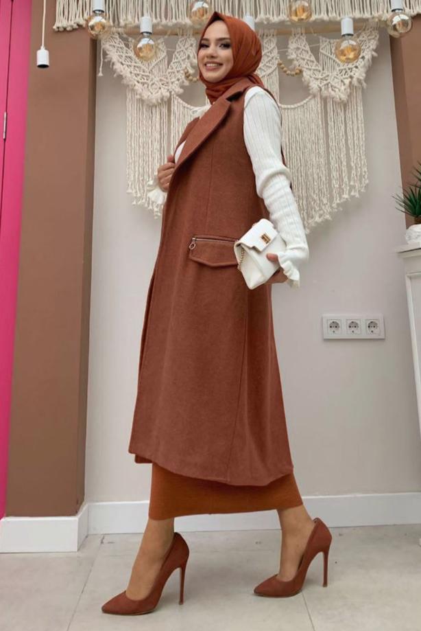 Tesettür giyim KAHVE KUŞAKLI KAŞE YELEK T 1277 - TRENDTESETTÜR