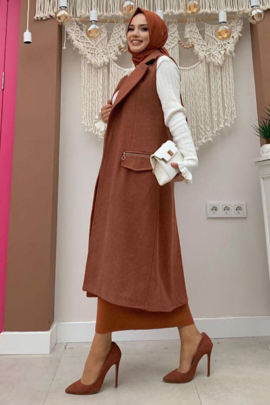 Tesettür giyim KAHVE KUŞAKLI KAŞE YELEK T 1277