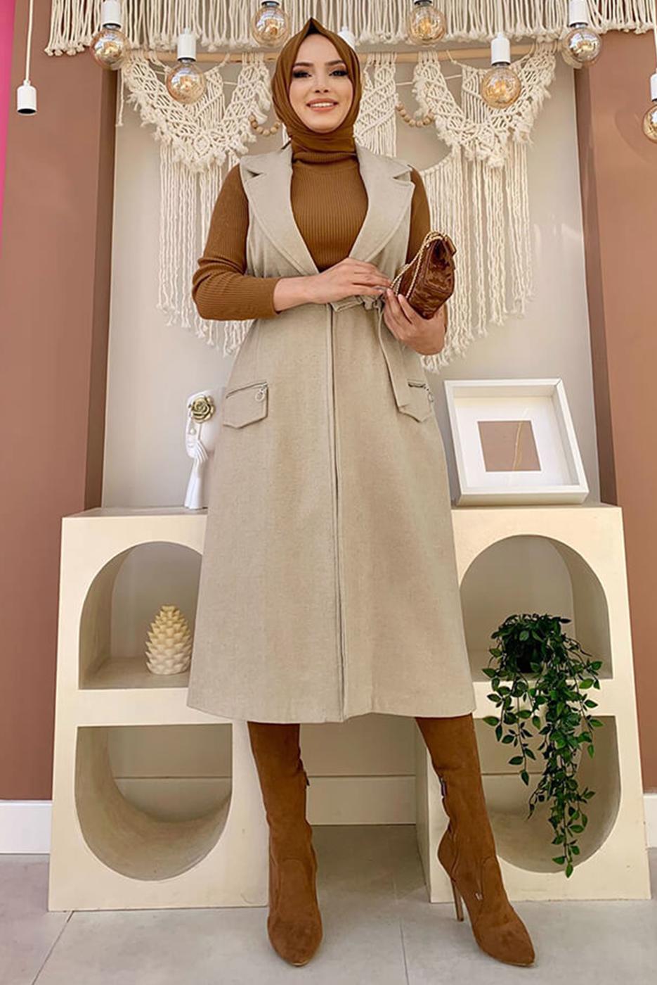 Tesettür giyim VİZON KUŞAKLI KAŞE YELEK T 1277