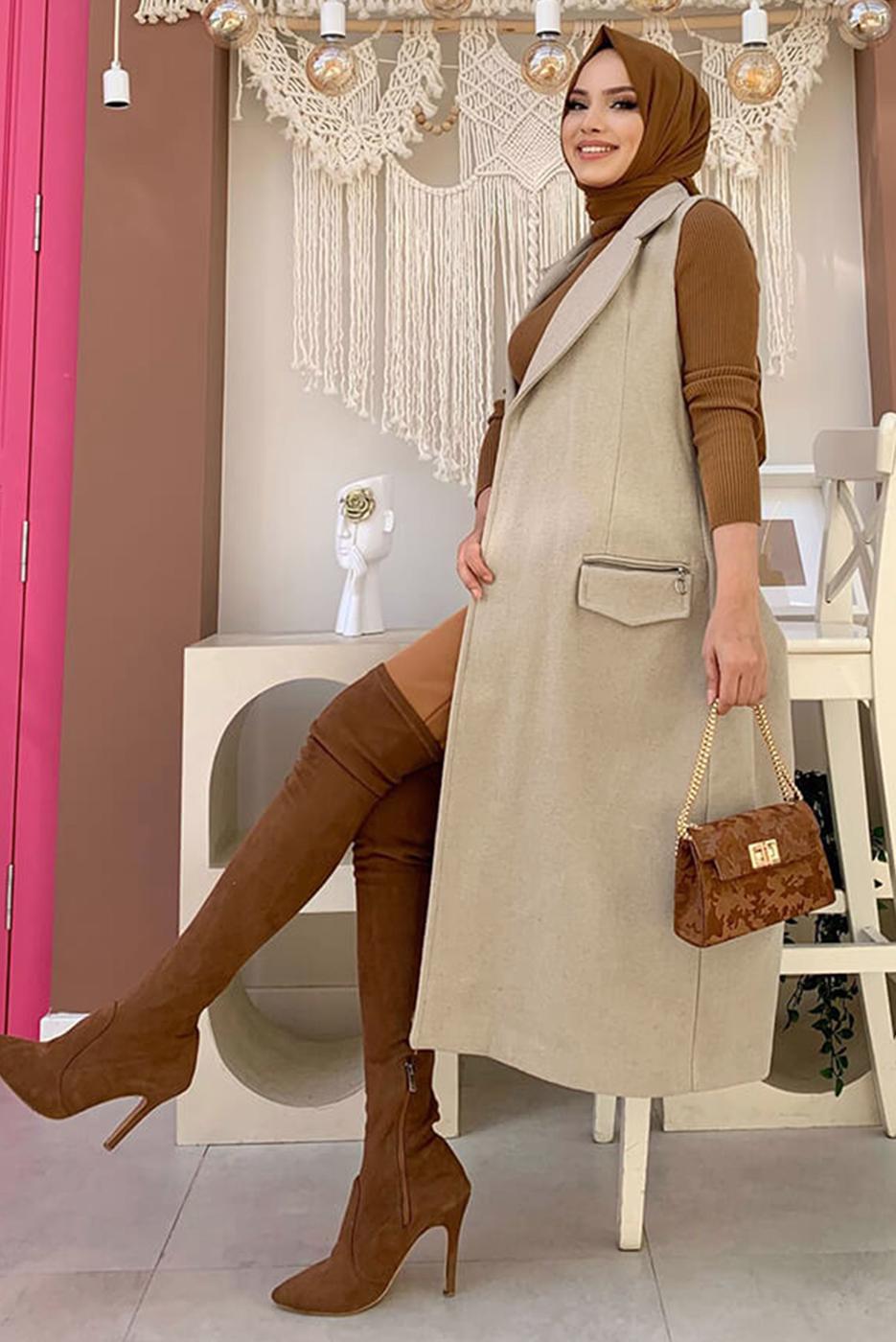 Tesettür giyim VİZON KUŞAKLI KAŞE YELEK T 1277