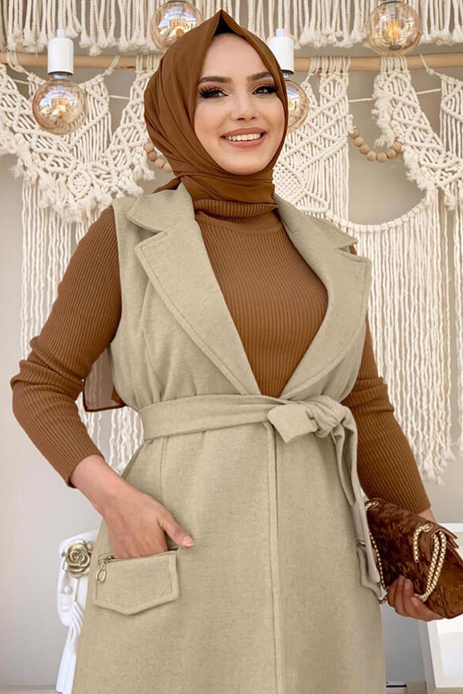 Tesettür giyim VİZON KUŞAKLI KAŞE YELEK T 1277
