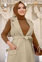 Tesettür giyim VİZON KUŞAKLI KAŞE YELEK T 1277