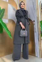 Tesettür giyim GRİ KUŞAKLI KAŞE YELEK T 1277