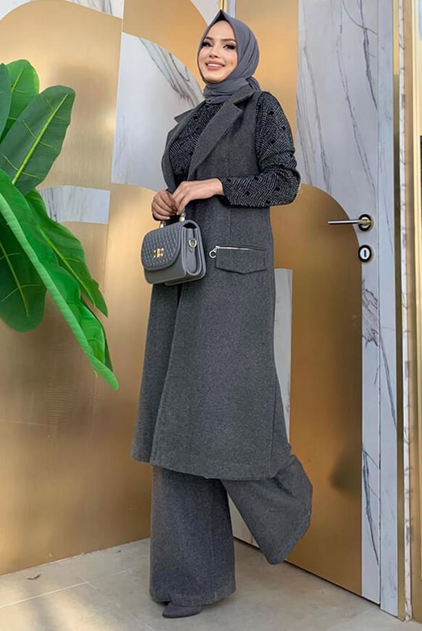 Tesettür giyim GRİ KUŞAKLI KAŞE YELEK T 1277 - TRENDTESETTÜR