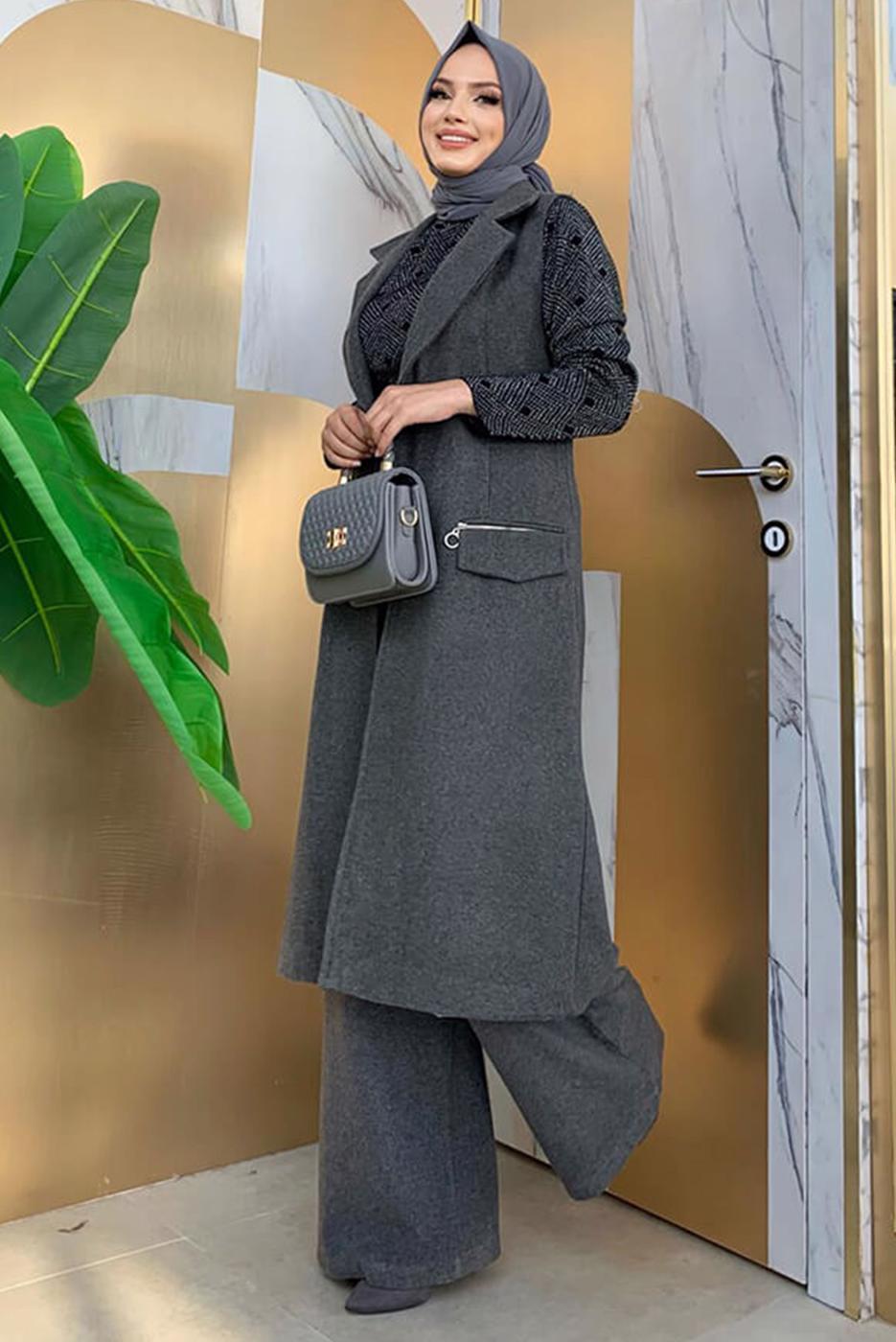 Tesettür giyim GRİ KUŞAKLI KAŞE YELEK T 1277