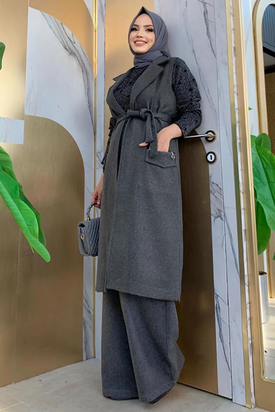 Tesettür giyim GRİ KUŞAKLI KAŞE YELEK T 1277