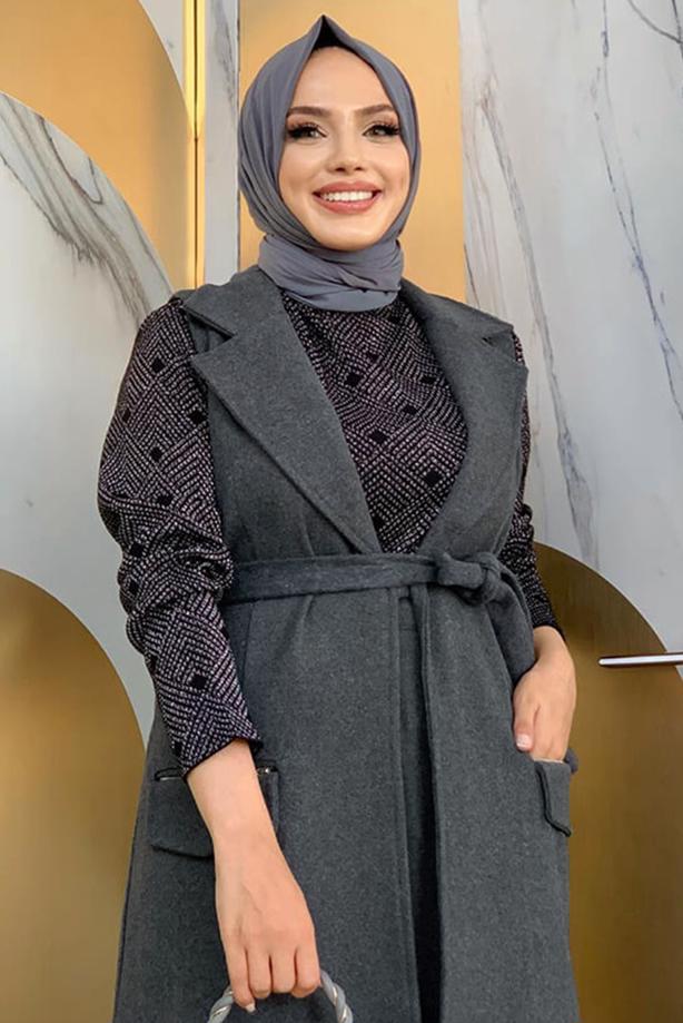 Tesettür giyim GRİ KUŞAKLI KAŞE YELEK T 1277 - TRENDTESETTÜR