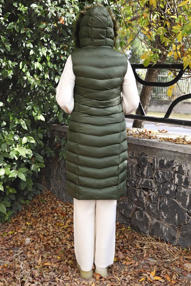 Tesettür giyim HAKİ KAPÜŞONLU ŞİŞME YELEK T 2020-1 - TRENDTESETTÜR